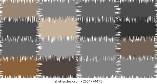 rustic and modern abstract background featuring a grid of squares with frayed, distressed edges in various earth tones, including black, brown, and beige. vector illustration