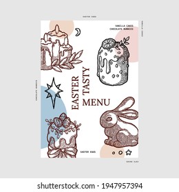 Rustic Modern Geometric Easter Menu. Design Template with Hand Drawn Sketch Elements for Recipe Book, Delivery Service, Notebook. Candle, Easter Cake, Kulich with Colored Egg, Ribbon, Chocolate Bunny