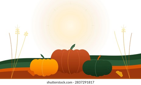 Rustic modern harvest market backdrop with stylized botanical wheat and geometric pumpkins. Sienna, Golden Yellow and Forest Green color theme.