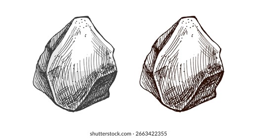 Rustic monochrome and color hand drawn stone or rock illustration in vintage engraving style. Natural outdoor element for camping and forest scenes.