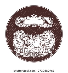 A rustic monochrome graphic featuring anthropomorphic bulls cooking a hog with a dollar sign on a rotisserie, ideal for aggressive barbecue branding or financial market satire.