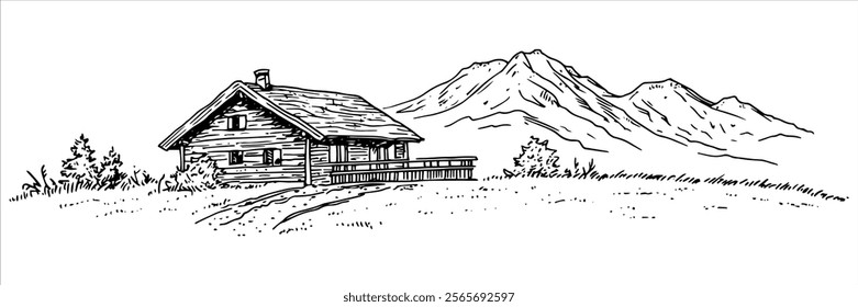 rustic mountain cabin with trail and scenic peaks illustration