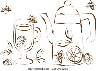 rustic mulled wine doodle vector teapot wineglass citrus spices for cozy autumn and winter web projects