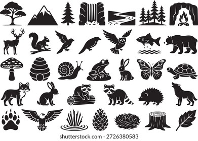 Conjunto de iconos de arte de línea de grasa de Naturaleza rústica, Vector, fondo blanco