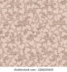 Rustic neutral pink beige leaf textured pattern. Hand-drawn autumn pattern with leafy pumpkin treadmills and linen texture background. Seamless vector design.