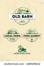 Rustic Old Barn Fresh Food Market. Local Farm Vector Stamp Style Illustration On Organic Rough Background. Creative Design Element
