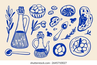 Rustic Olive Oil Collection, Blue Hand Drawn Illustrations of Olive Bottles, Olives, Herbs, Bread and Oil Drops on Beige Background. Mediterranean Kitchen Decor in Line Art Style