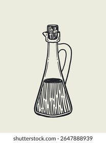 Rustic Olive Oil Collection, Blue Hand Drawn Illustrations of Olive Bottles, Olives, Herbs, Bread and Oil Drops on Beige Background. Mediterranean Kitchen Decor in Line Art Style
