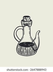 Rustic Olive Oil Collection, Blue Hand Drawn Illustrations of Olive Bottles, Olives, Herbs, Bread and Oil Drops on Beige Background. Mediterranean Kitchen Decor in Line Art Style