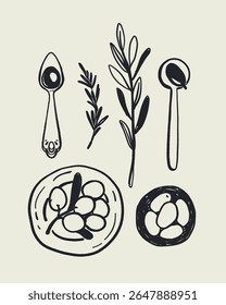 Rustic Olive Oil Collection, Blue Hand Drawn Illustrations of Olive Bottles, Olives, Herbs, Bread and Oil Drops on Beige Background. Mediterranean Kitchen Decor in Line Art Style