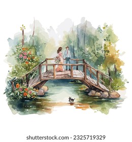 A rustic outdoor wedding, where the groom is carrying the bride over a wooden bridge, with trees and flowers in the background watercolor