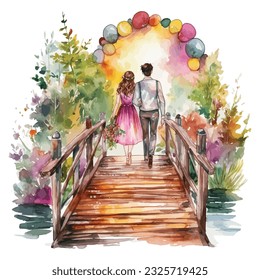 A rustic outdoor wedding, where the groom is carrying the bride over a wooden bridge, with trees and flowers in the background watercolor