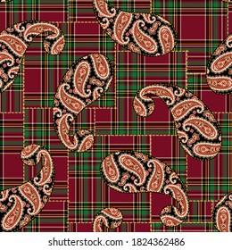 Rustic paisley and check patchwork pattern,