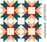 Rustic patchwork plaid pattern, seamless quilt block pattern background, featuring simple shapes, slightly textured, vector illustration, red turquoise green beige colors,