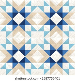 Rustic patchwork plaid pattern, seamless quilt block pattern background, featuring simple shapes, slightly textured, vector illustration, blue and beige pastel colors,