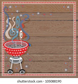Rustic Patriotic Or 4th Of July BBQ Party Invitation With Red, White And Blue Smoke And Red Barbecue Grill With White Stars On A Wood Plank Background.