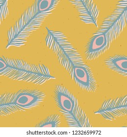 Rustic Peacock Feather Seamless Vector Pattern. Lino Cut Texture. Sketchy Plumage Block Print Style for Home Decor, Trendy Wallpaper, Exotic Textiles, Animal Cards. Teal Blue Mustard Yellow Backdrop