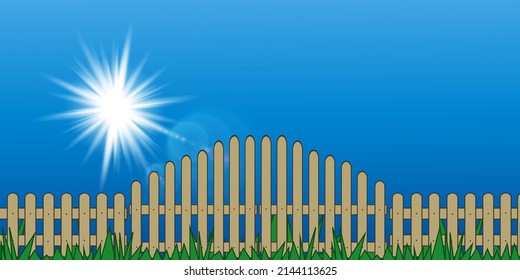 Rústica valla de piquete, valla de valla, puerta con hierba verde y sol brillante con rayos de felicidad.