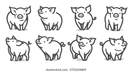 Ilustraciones rústicas del cerdo en arte de línea dibujado a mano