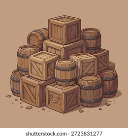 Una pila rústica de varias cajas de madera y barriles apilados juntos.