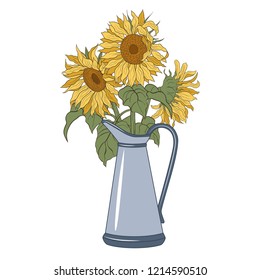 Rustic pitcher vase with a bouquet of sunflowers. French Style.
Hand drawn vector illustration. Floral template.
