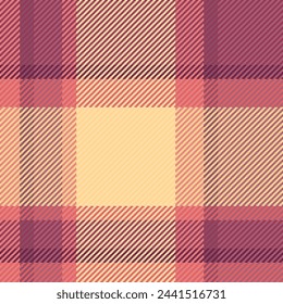 Rustic plaid check pattern, rough textile texture vector. Summer tartan fabric seamless background in red and amber color.