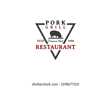 Rustic pork meat and grill restaurant vector logo design