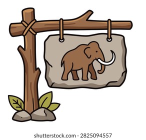 Rustic prehistoric hanging sign with woolly mammoth silhouette isolated on white.