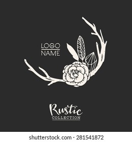 Rustic premade typographic logo template with flowers, branches and feathers. Hand drawn vintage vector design elements.