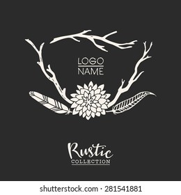 Rustic premade typographic logo template with flowers, branches and feathers. Hand drawn vintage vector design elements.