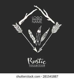 Rustic premade typographic logo template with arrows, branches and feathers. Hand drawn vintage vector design elements.