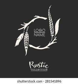 Rustic premade typographic logo template with branches and feathers. Hand drawn vintage vector design elements.