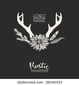 Rustic premade typographic logo template with flowers, branches, antlers and feathers. Hand drawn vintage vector design elements.