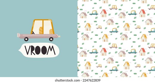 Rustic Print Card and Seamless Pattern for Kids Fabric, Textile, Wrapping Paper, Nursery Design. Vector Set with Cartoon Houses, Plants and Cars