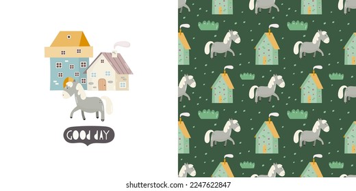 Rustic Print Card and Seamless Pattern for Kids Fabric, Textile, Wrapping Paper, Nursery Design. Vector Set with Cartoon Houses, Plants and Horse
