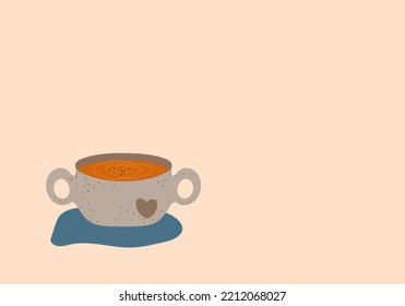 Rustic pumpkin soup bowl flat vector illustration. Autumn winter hygge cosy background