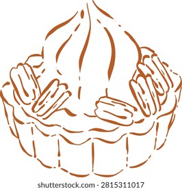 Rustic Pumpkin Tart Garnished with Pecans Traditional Homemade Autumn Harvest Dessert Hand Drawn Vintage Food Illustration
