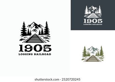 A Rustic Railroad with Mountain and Pine Tree Silhouette for Classic Historical of Logging Forest Railway Landscape logo design 