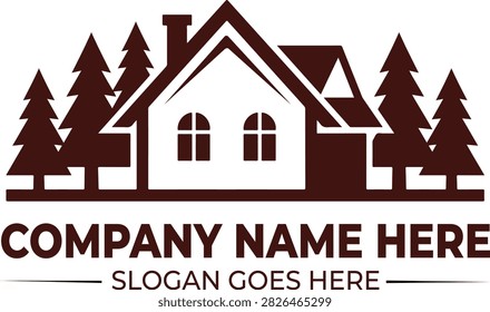 Rustic Real Estate Logo with Mountain House and Pine Trees – Nature Property and Vacation Home Branding