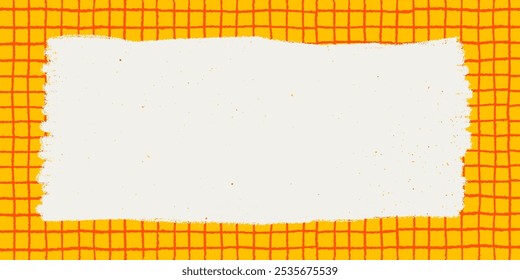 Rustic rectangle with grunge torn edges on a yellow plaid background. Vector illustration of rough ripped red rectangle on a yellow checkered pattern. Ideal for collages and stickers