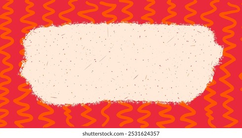 Caixa de texto de retângulo rústico com bordas rasgadas em grunge em um plano de fundo de padrão de ziguezague vermelho. Ilustração vetorial de retângulo rasgado em um plano de fundo vermelho. Ideal para colagens e adesivos