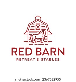 Rustic Red Barn and Horse Logo Design. Equestrian Ranch Branding in Countryside