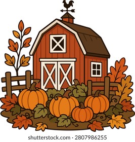 Rustic red barn surrounded by pumpkins, autumn leaves, and harvest decorations. Perfect for Thanksgiving projects, farmhouse décor, greeting cards, seasonal merchandise, and rural themed creative designs.
