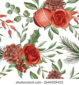 Rosa vermelha rústica e Winterberry Padrão sem emenda aquarela festiva