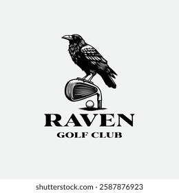 rustic retro raven crow perch on golf stick for golf club logo design