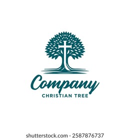 rustic retro tree with cross for christian chruch community logo design