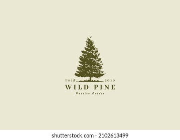 Rustic Retro Vintage cedar, cypress, larch, spruce, pine, pinus, evergreen, coniferous, conifer, fir, hemlock trees logo design