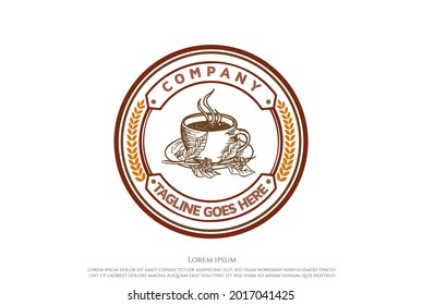 Rustic Retro Vintage Circular Coffee Cup for Cafe Restaurant or Product Label Logo Design Vector