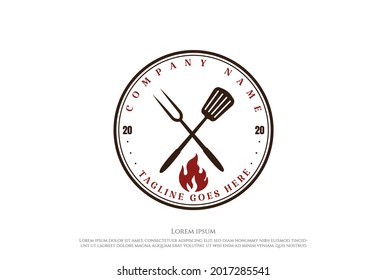 Rustic Retro Vintage Crossed Fork and Spatula for BBQ Barbecue Grill Logo Design Vector