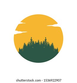 Rustic Retro Vintage Evergreen, Pines, Spruce, Cedar trees with sun logo design